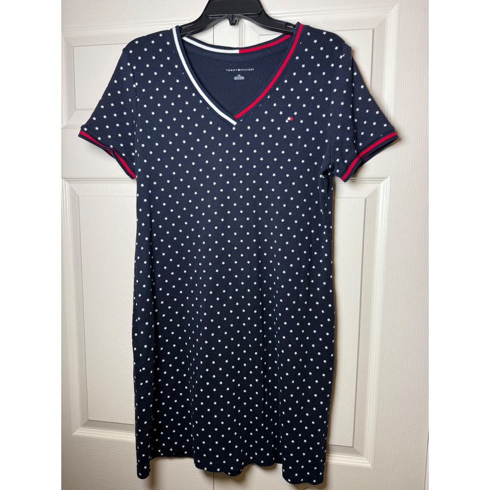 Tommy Hilfiger Womens Navy Blue Star Print Cotton V-Neck T-Shirt Dress Large